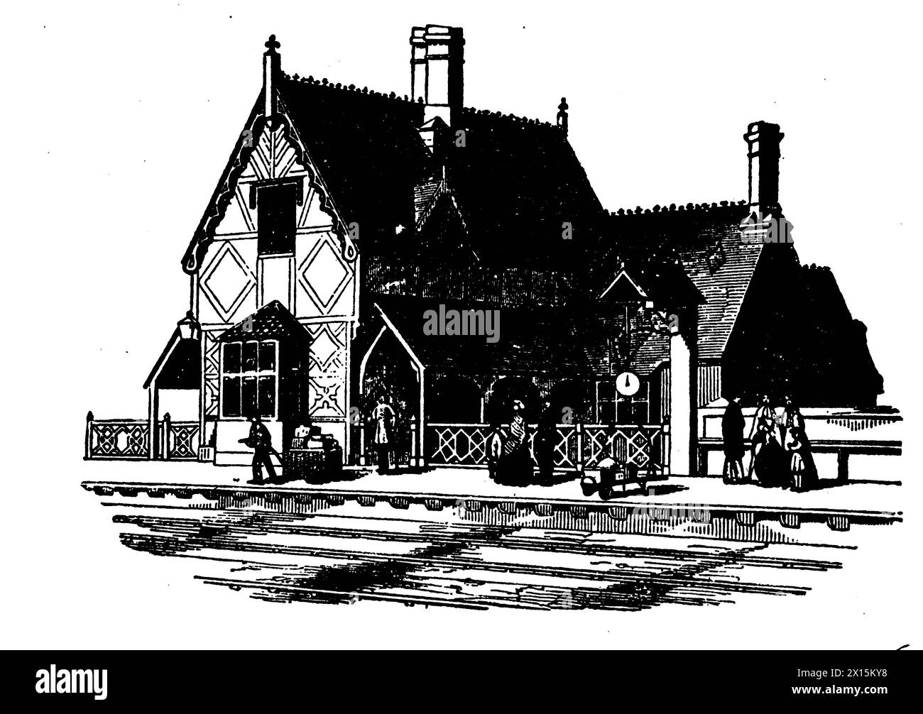 A historic 19th century illustration in black and white of a railway station. Stock Photo