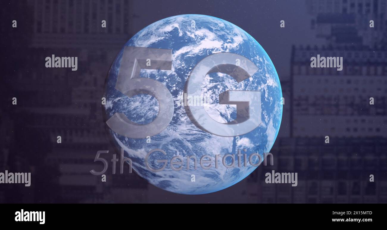 Image of data processing with globe and 5g text over city Stock Photo