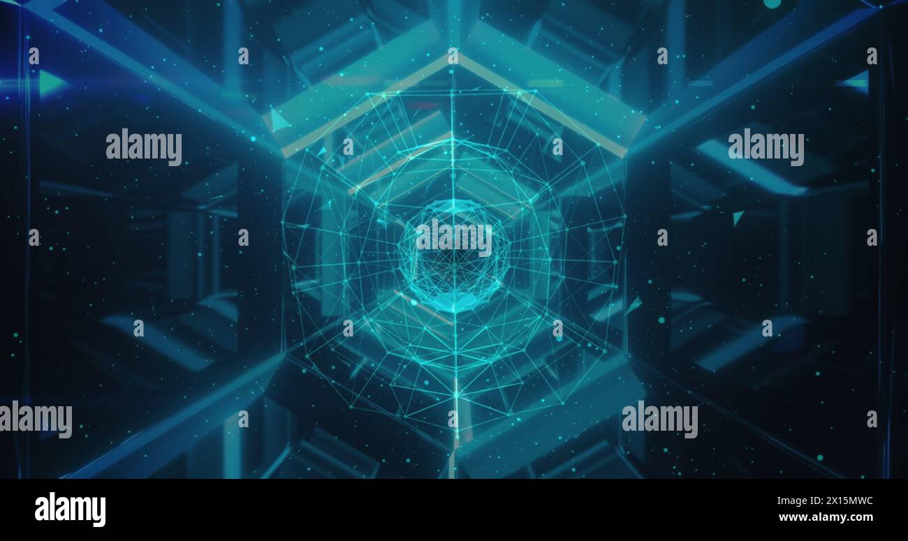 Image of dots and connections over moving hexagon tunnel made of neon lights Stock Photo