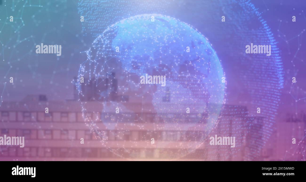 Image of digital interface and data processing over cityscape Stock Photo