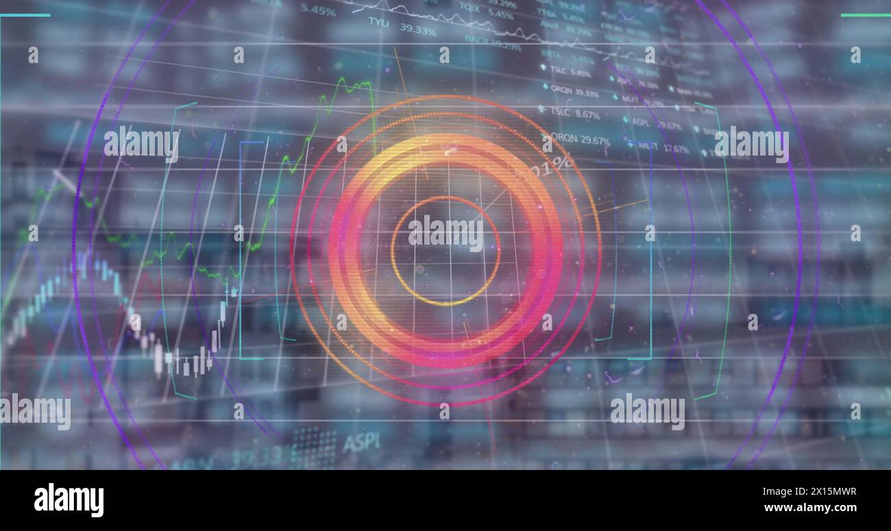Image of digital interface and data processing over cityscape Stock Photo