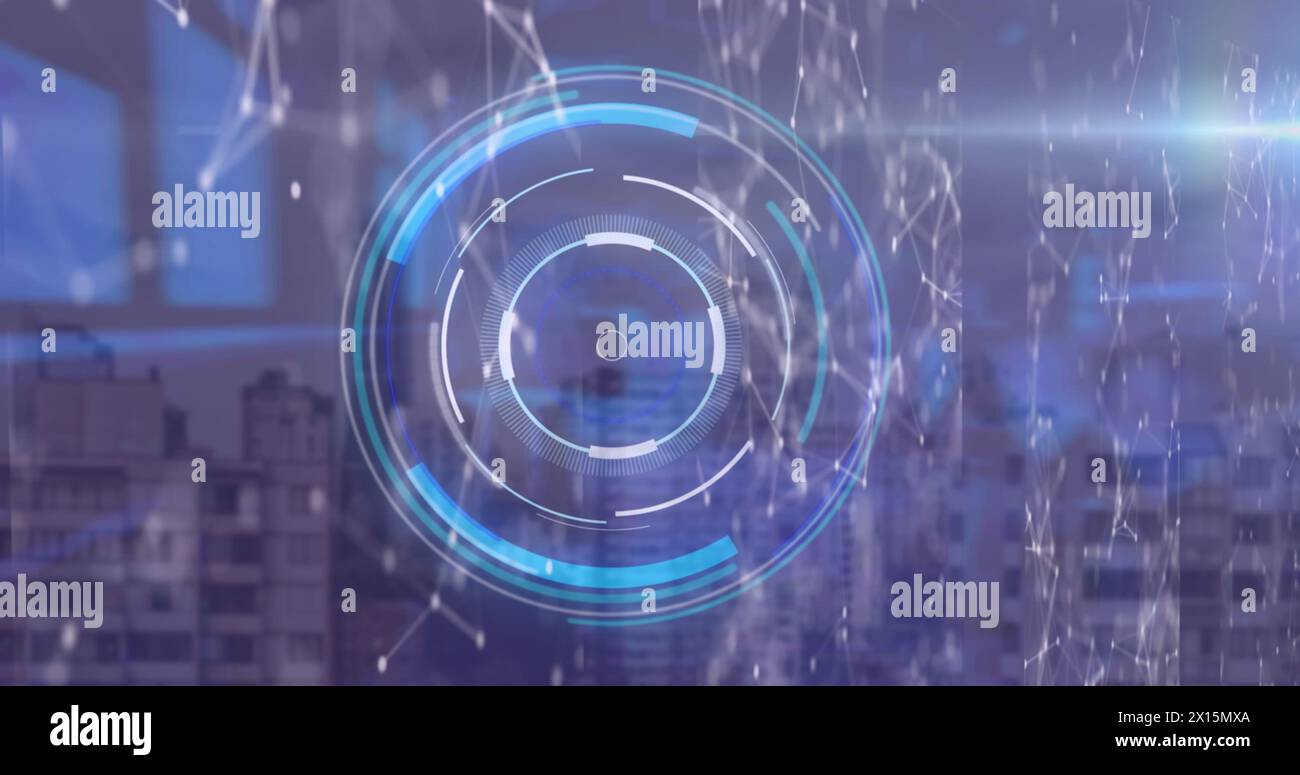 Image of digital interface and data processing over cityscape Stock Photo