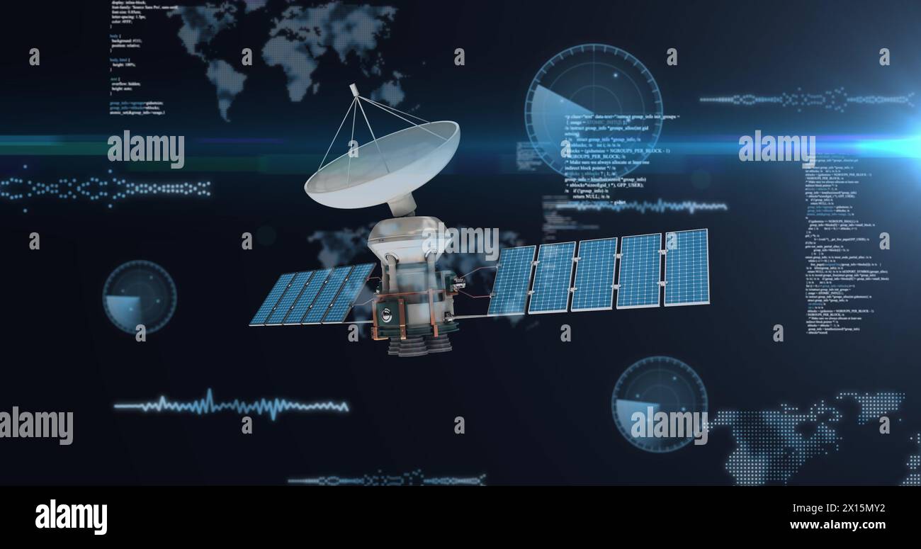 Image of digital icons and data processing over world map and satellite ...