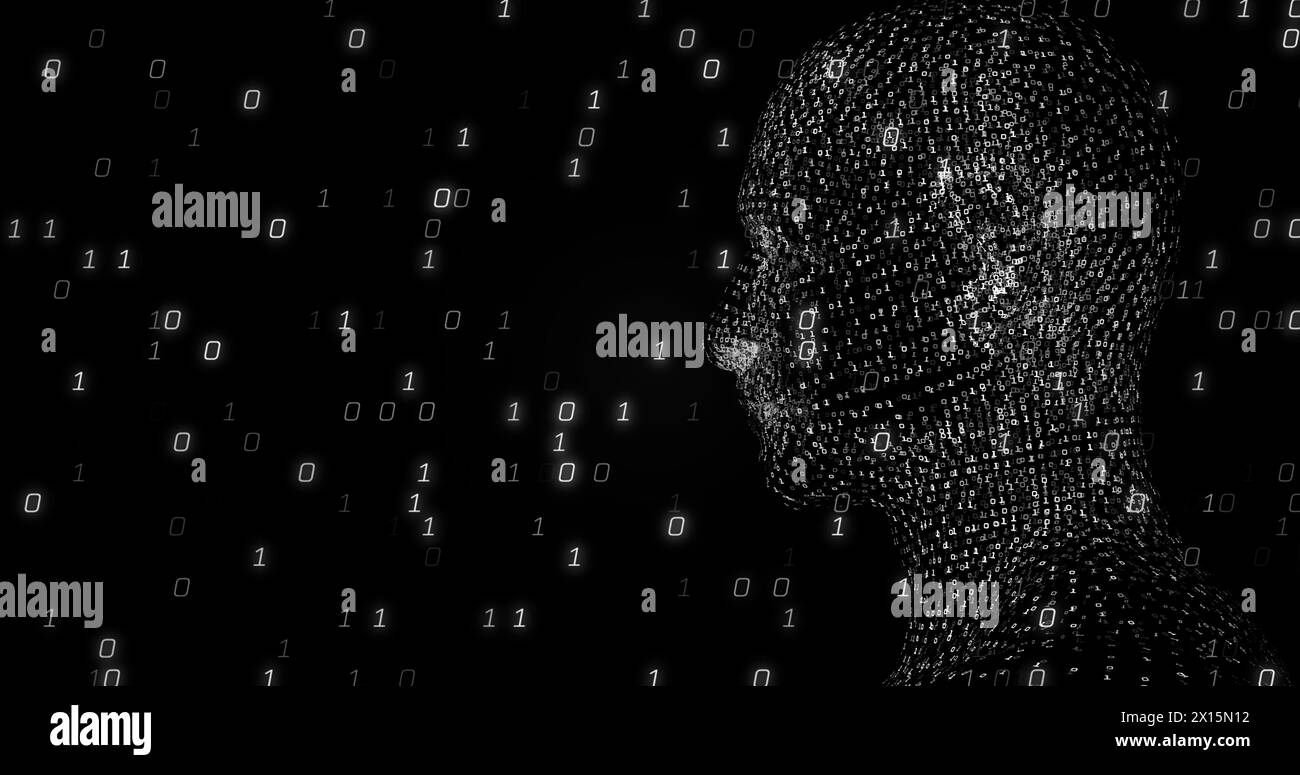 Image of binary coding and data processing over human head Stock Photo