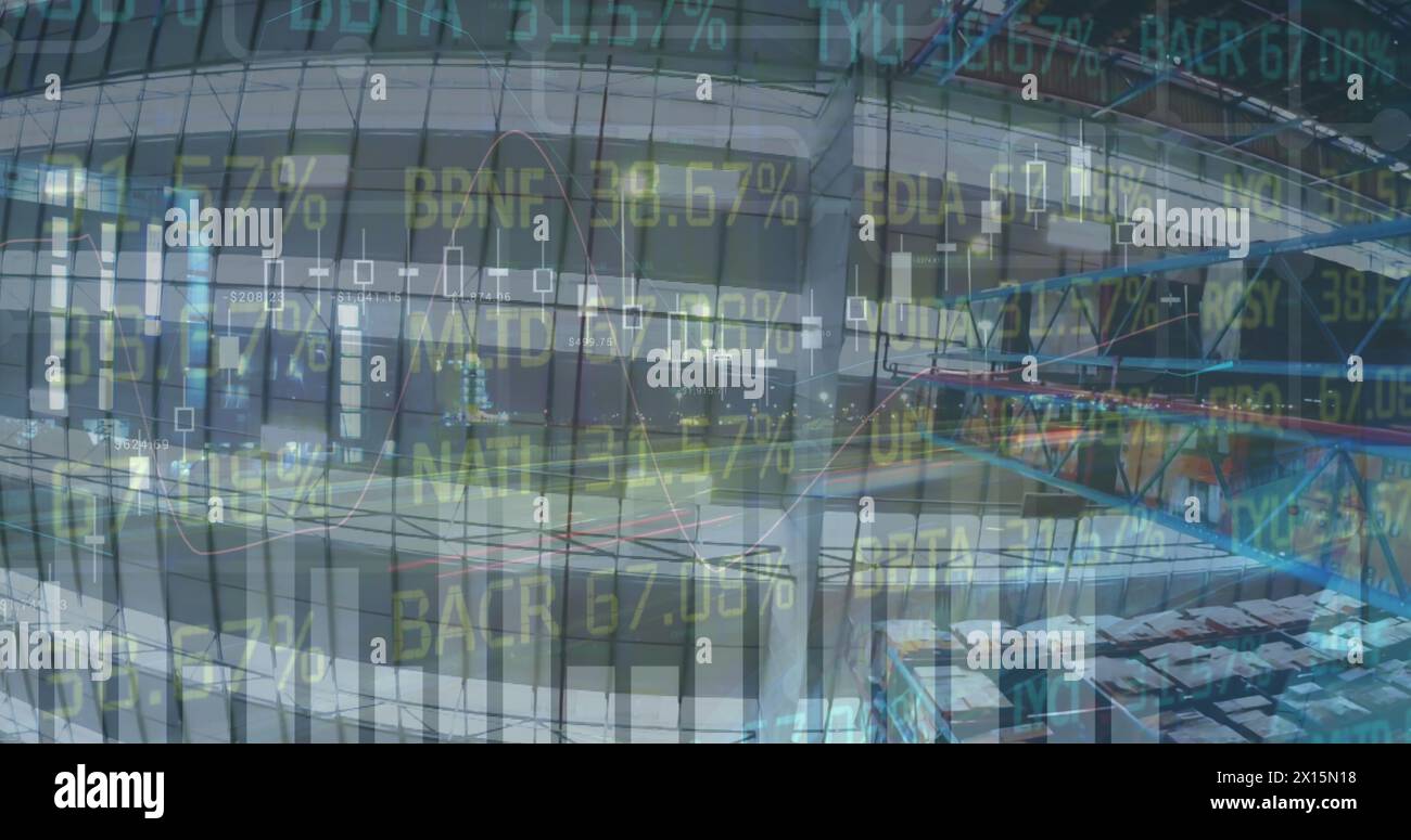 Image of data processing over warehouse Stock Photo