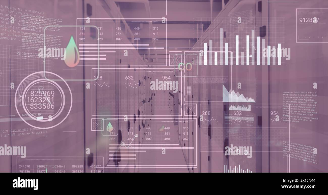 Image of graphs and data processing on digital screens over servers Stock Photo