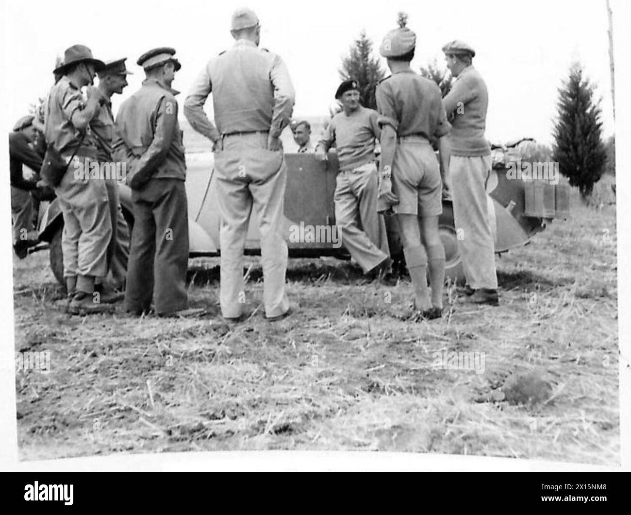 General Montgomery speaks with war correspondents during a press conference at the Eighth Army front in Italy. Stock Photo
