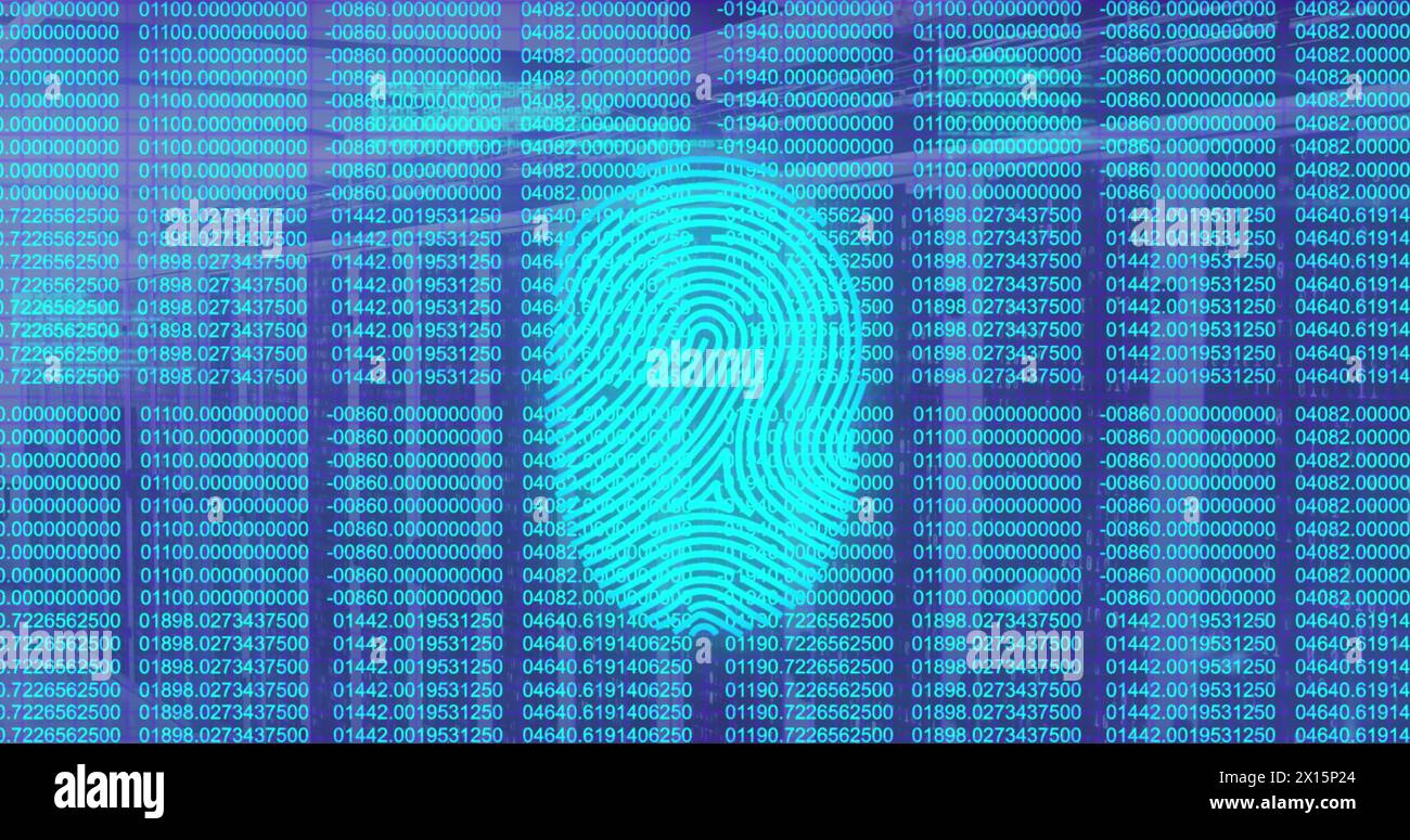 Image of fingerprint scanner over data processing against blue ...