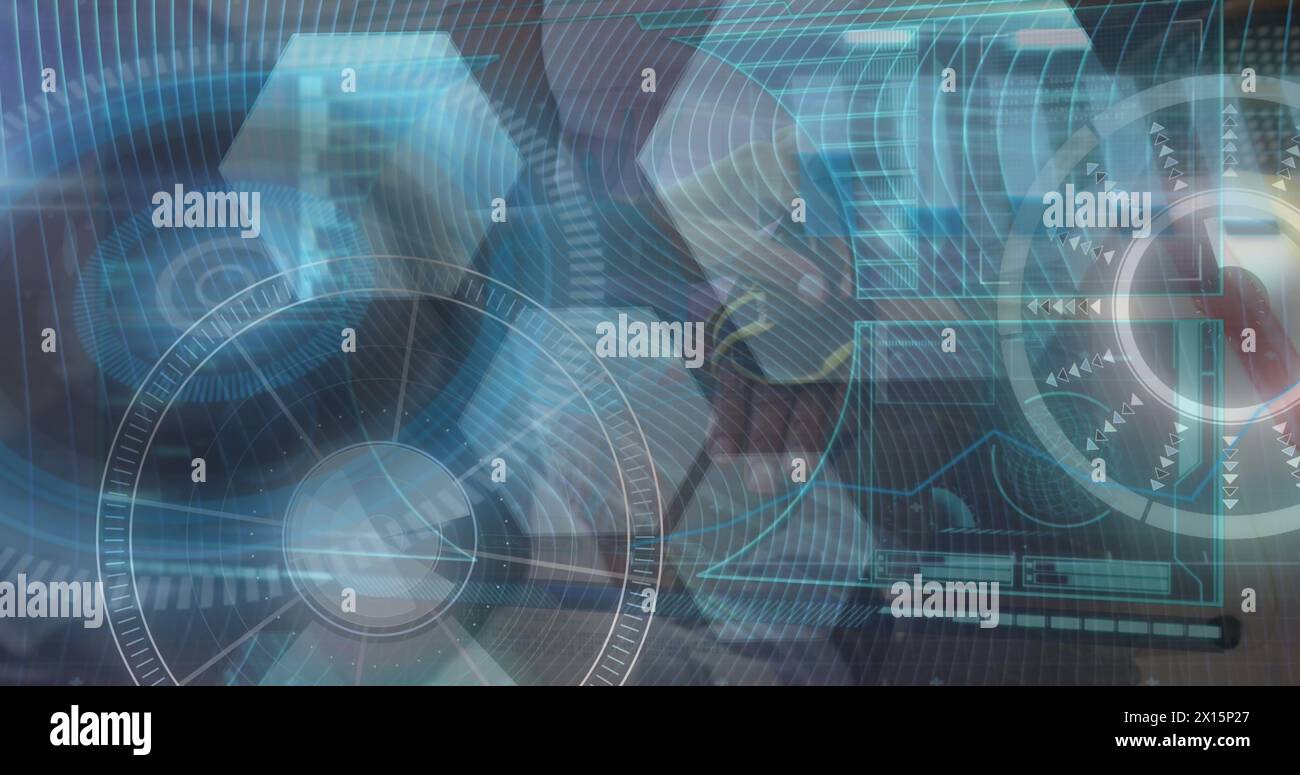 Image of digital screen with processing circles and hexagons Stock Photo