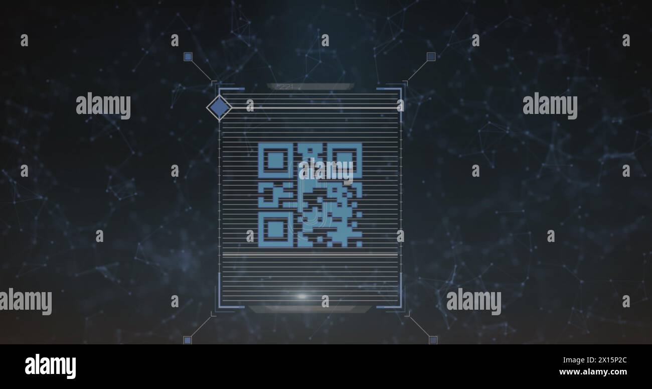 Image of qr code over network of connections on black background Stock Photo