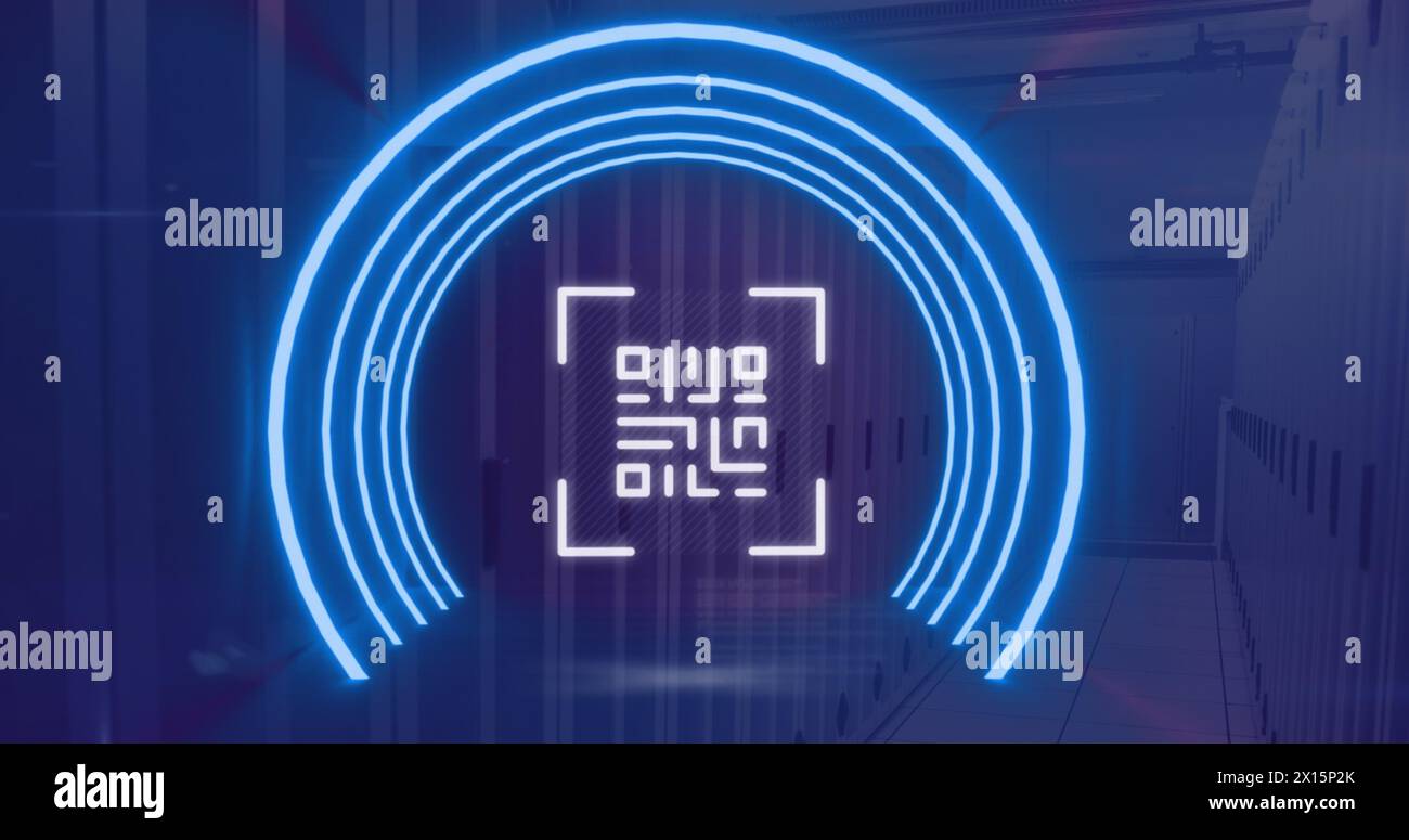 Image of neon qr code scanner and data processing against computer ...