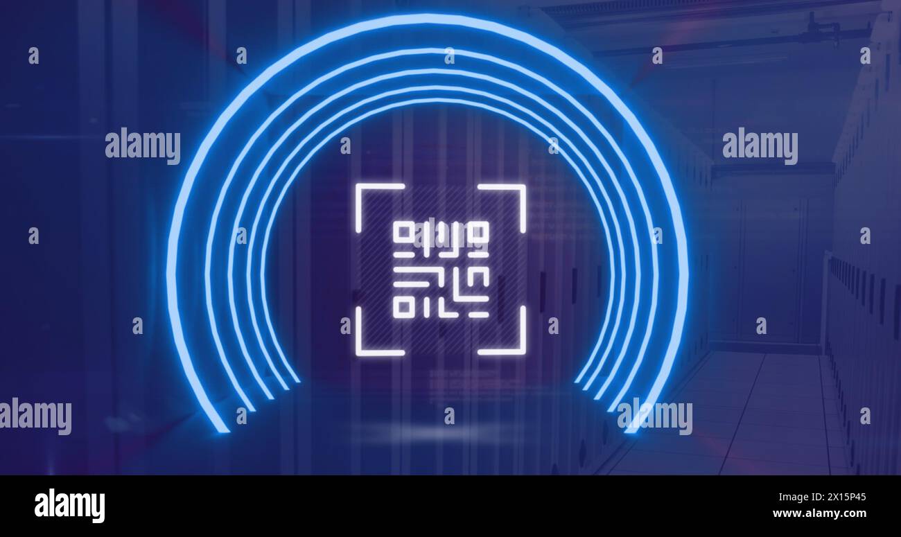Image of neon qr code scanner and data processing against computer ...