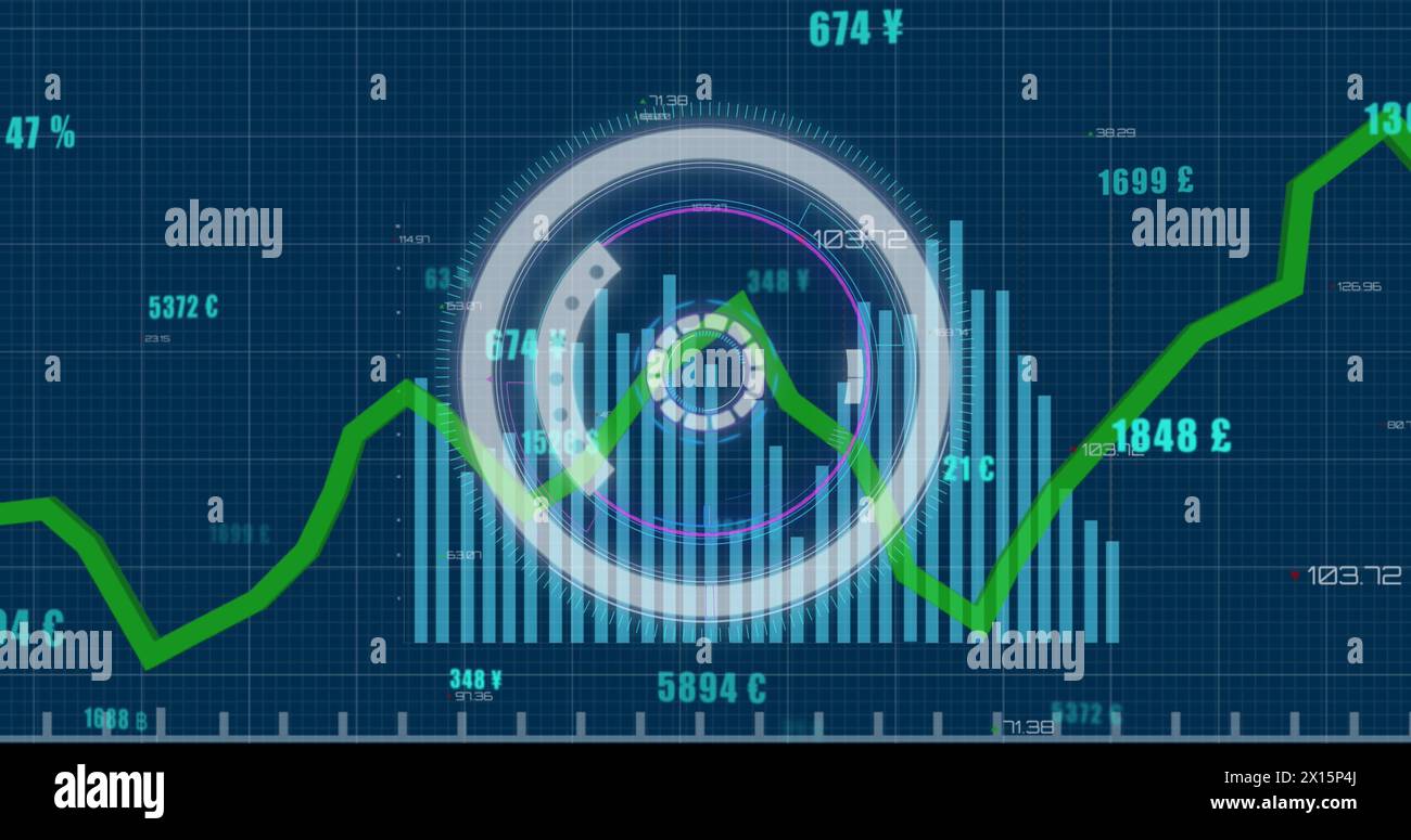 Image of round scanner over statistical data processing against blue background Stock Photo
