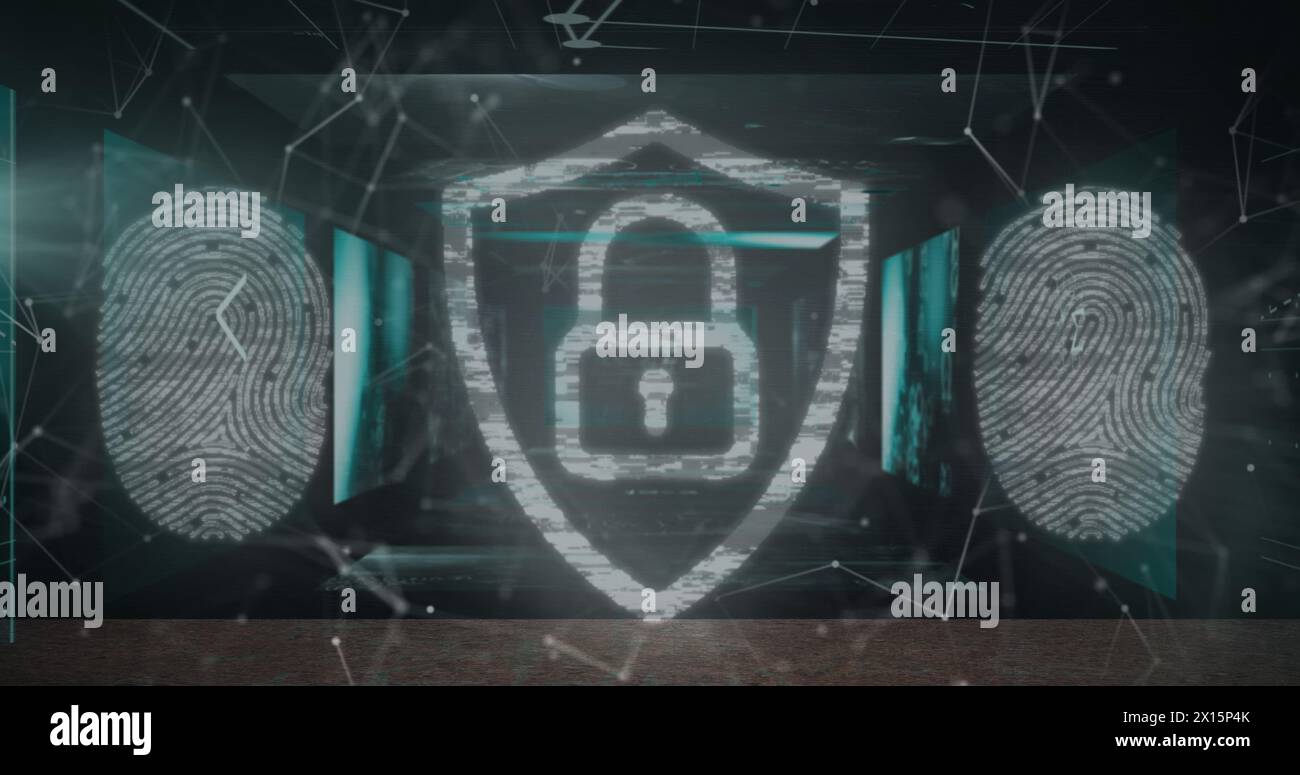 Image of padlock icon with fingerprints over data processing on black ...