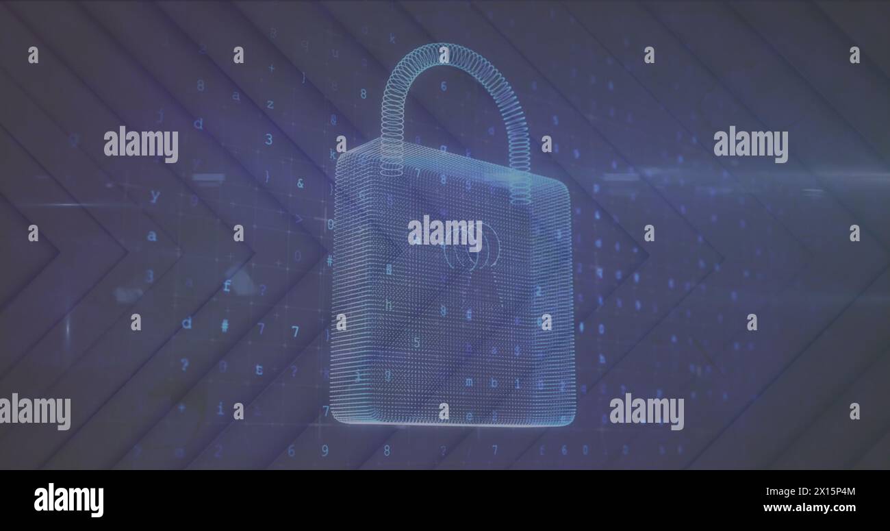 Image of padlock icon over data processing and shapes on black ...
