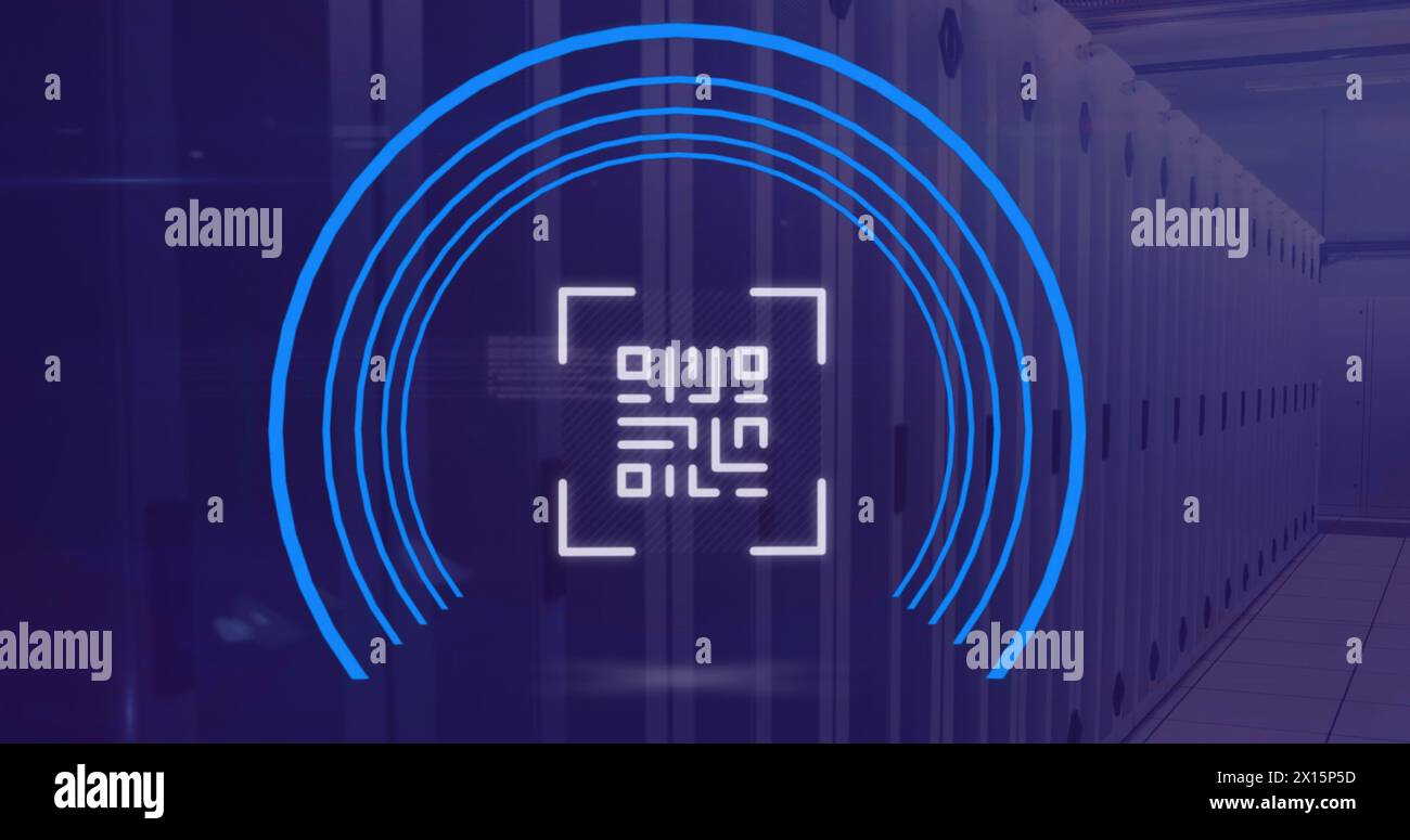 Image of neon qr code scanner and data processing against computer ...