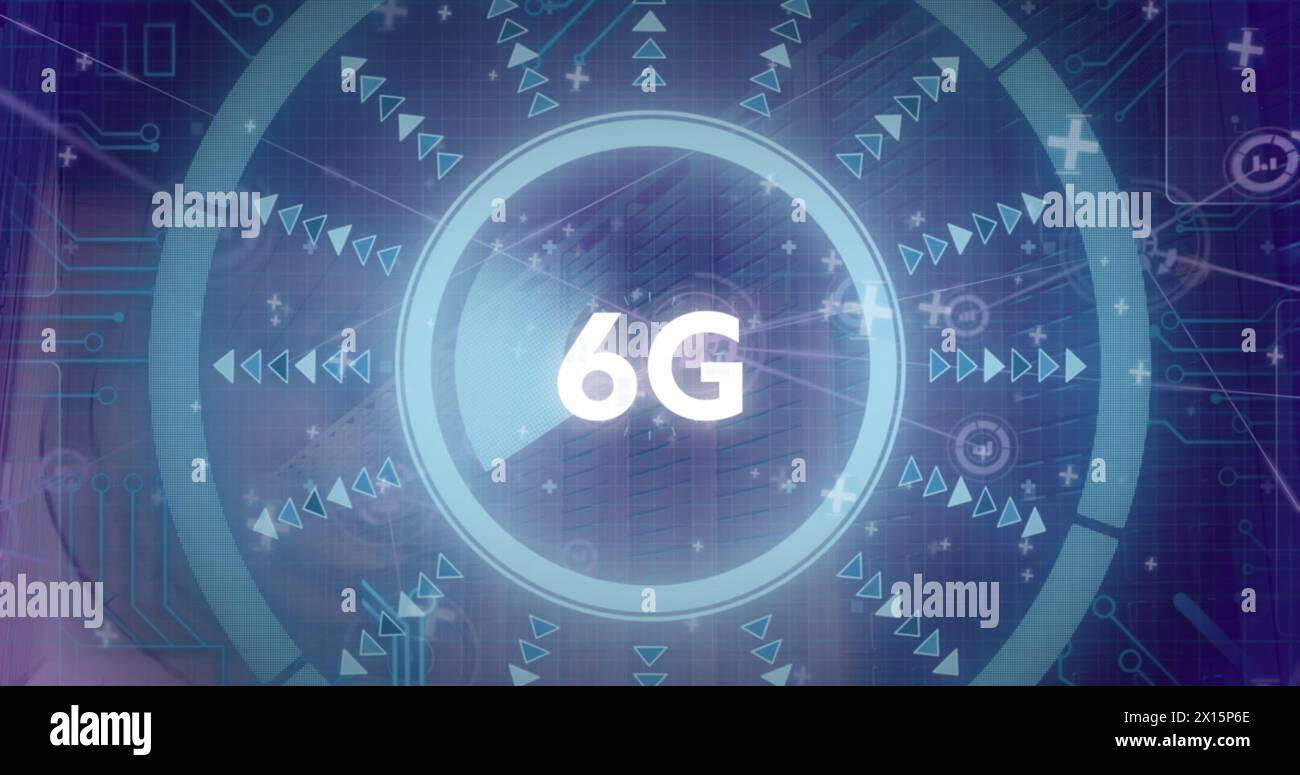 Image of 6g text and data processing over computer servers Stock Photo