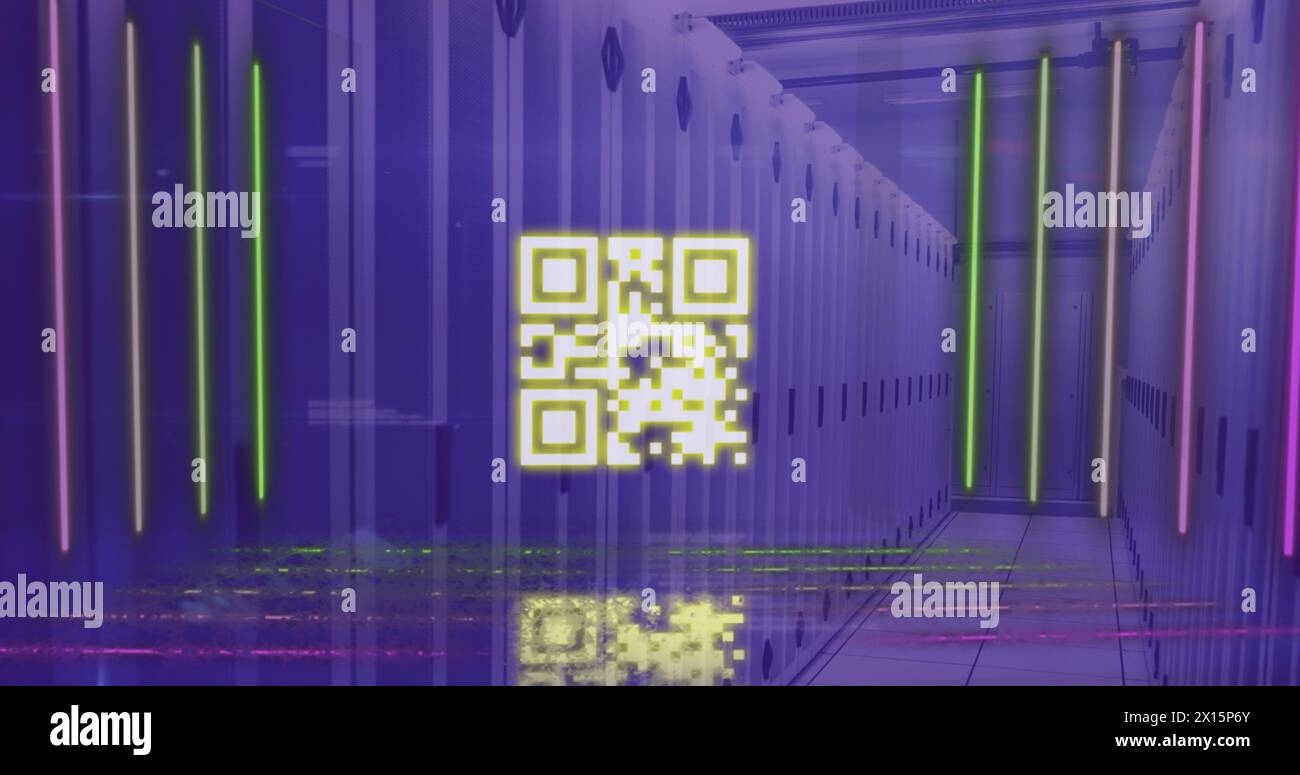 Image of data processing and qr code over computer servers Stock Photo