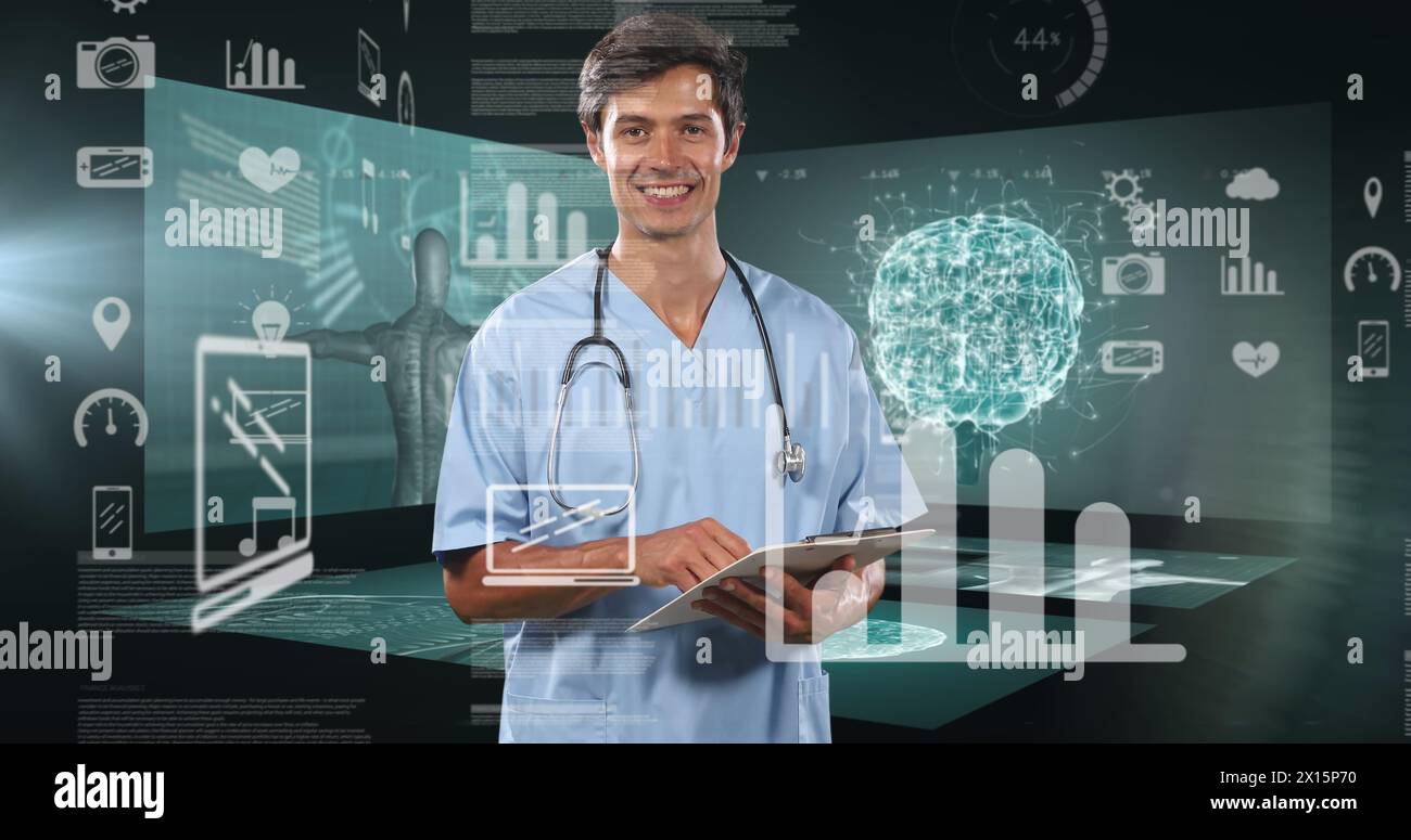Image of data processing and globe over male doctor using tablet Stock ...