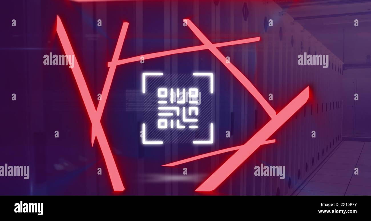 Image of neon qr code scanner and data processing against computer ...