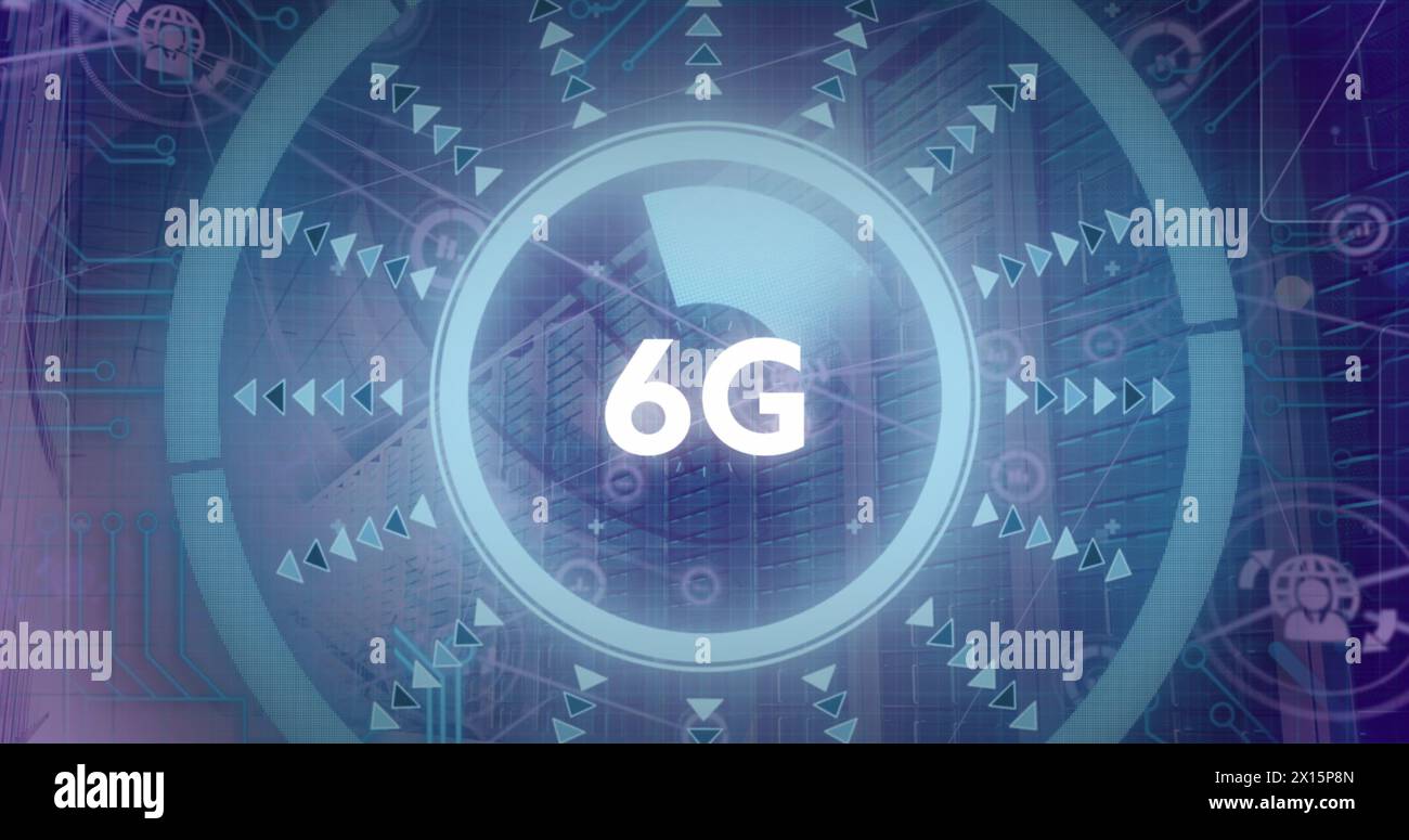 Image of 6g text and data processing over computer servers Stock Photo