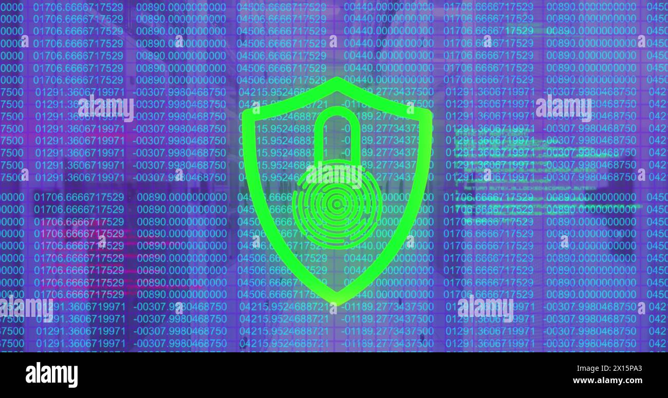 Image of data processing and biometric fingerprint padlock over computer servers Stock Photo