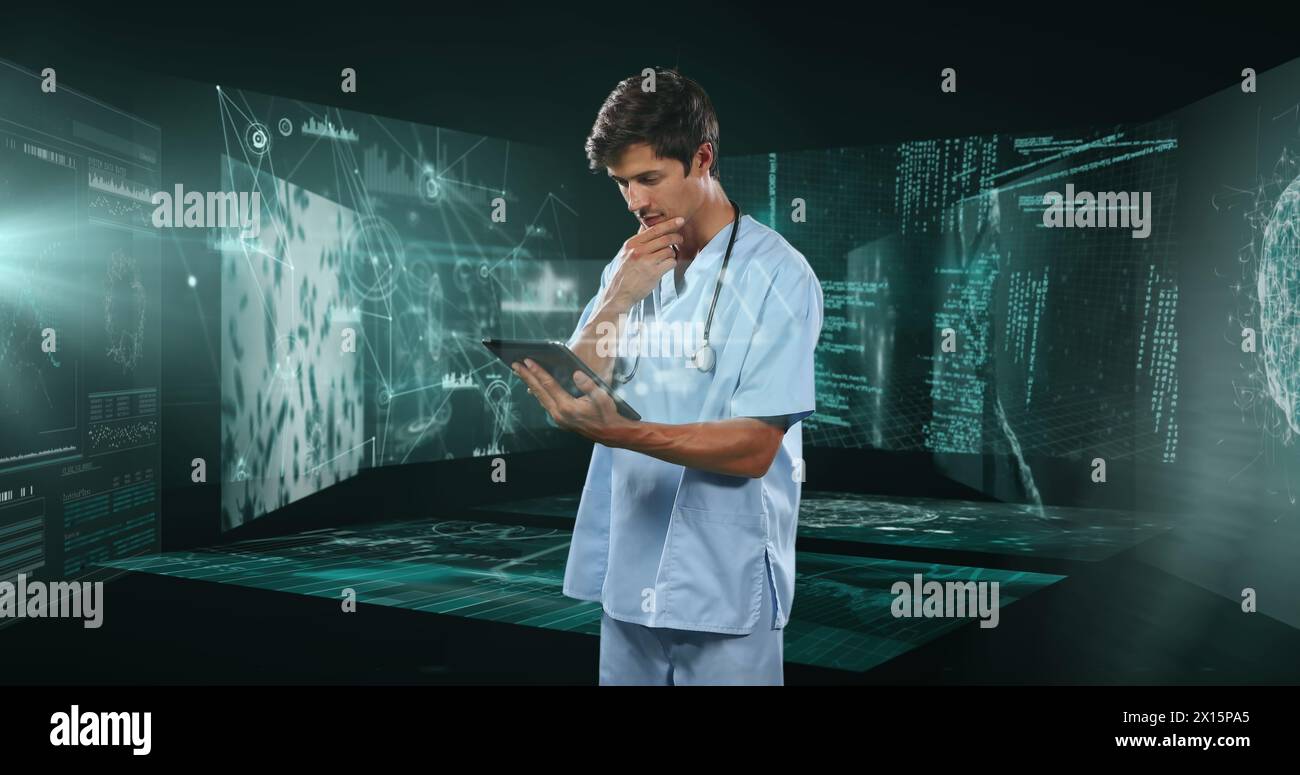 Image of data processing over smiling caucasian businessman using tablet Stock Photo