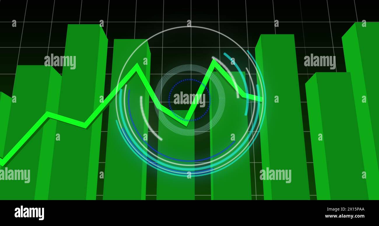 Image of round scanner over statistical data processing against green background Stock Photo