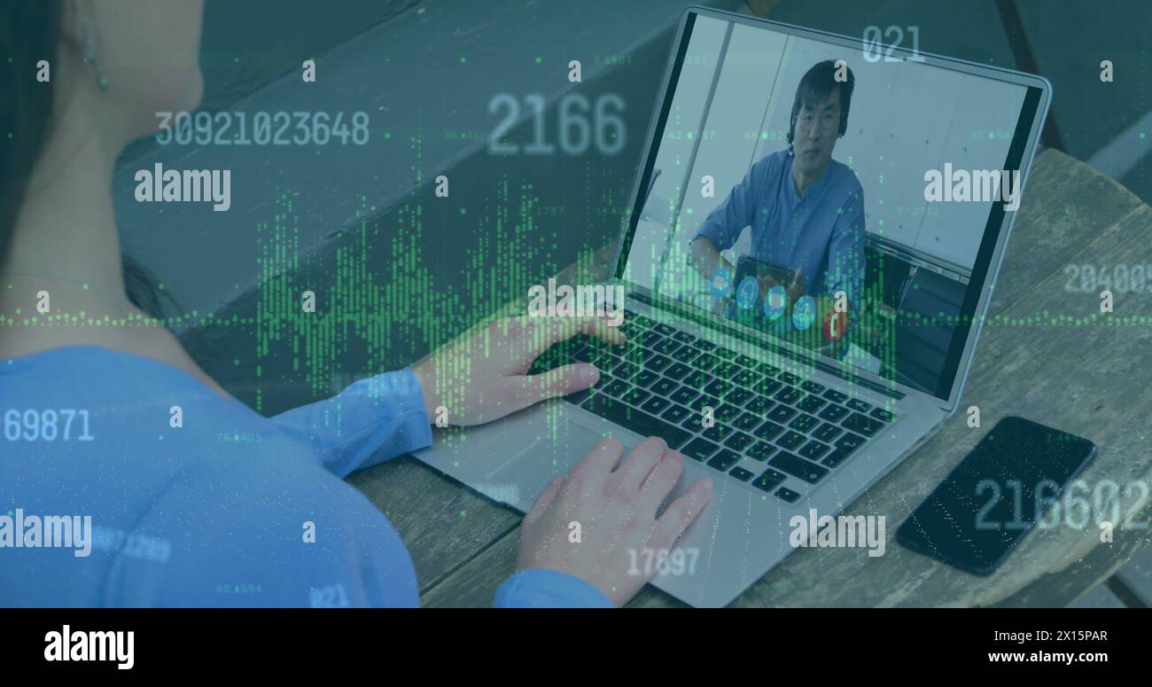 Image of biometric fingerprint over businesswoman using phone headset and laptop Stock Photo