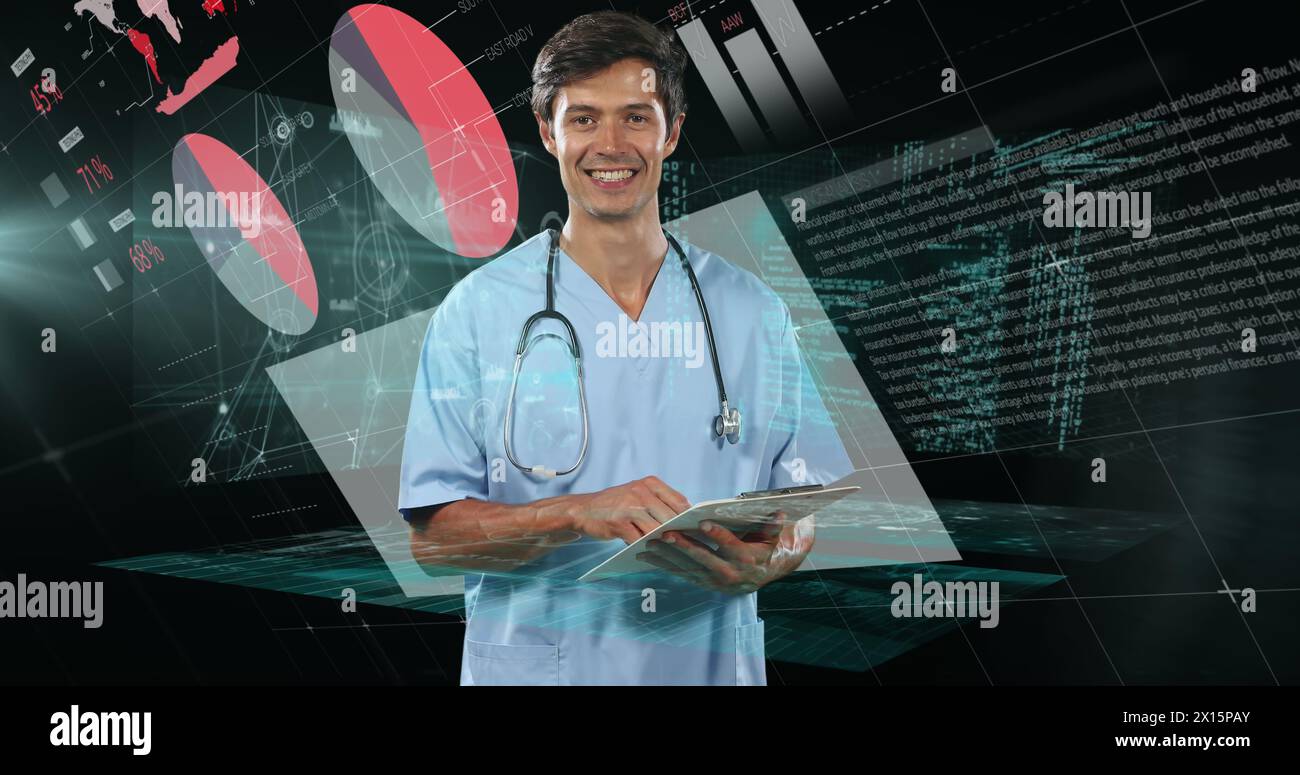 Image of data processing over businessman using tablet Stock Photo