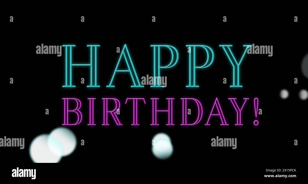 Image of happy birthday text over falling icons on dark background ...
