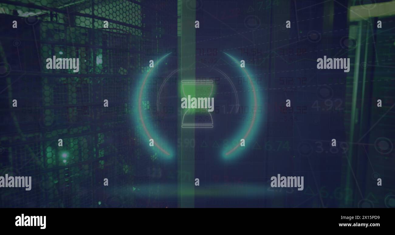 Image of rotating scanner over data processing in green and black space Stock Photo
