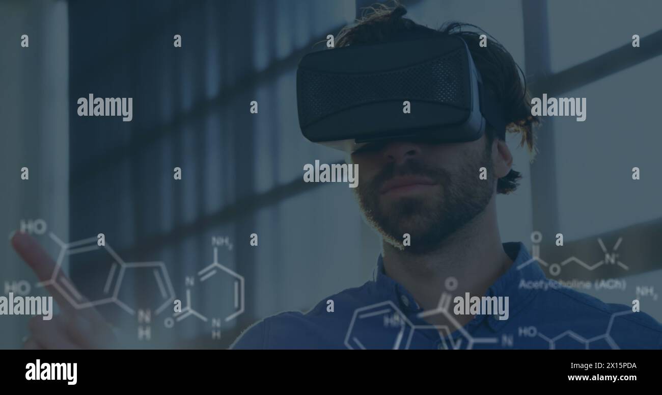 Image of data processing and chemical formula over diverse scientists Stock Photo