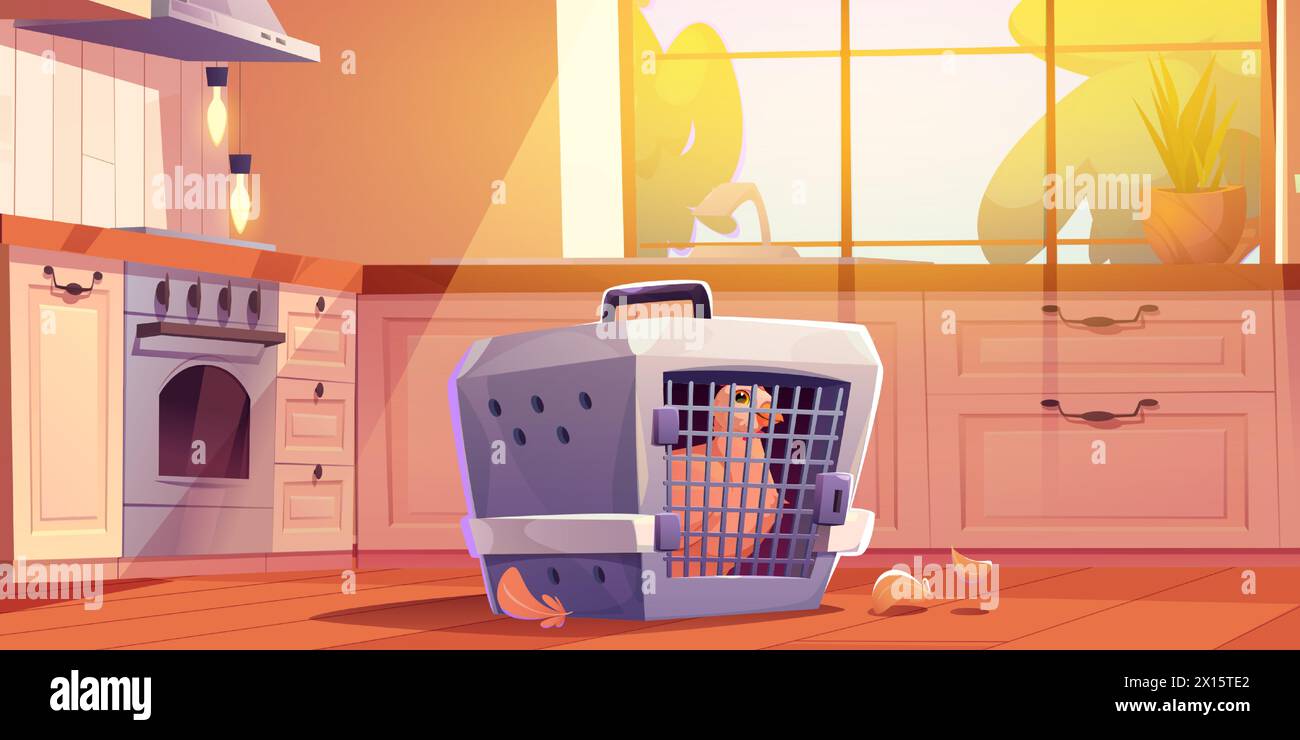 Kitchen interior with caught hen in cage cartoon. Modern home room indoor design with oven, cupboard and hunted chicken on daylight. Cute apartment panorama environment scene with cooking equipment Stock Vector