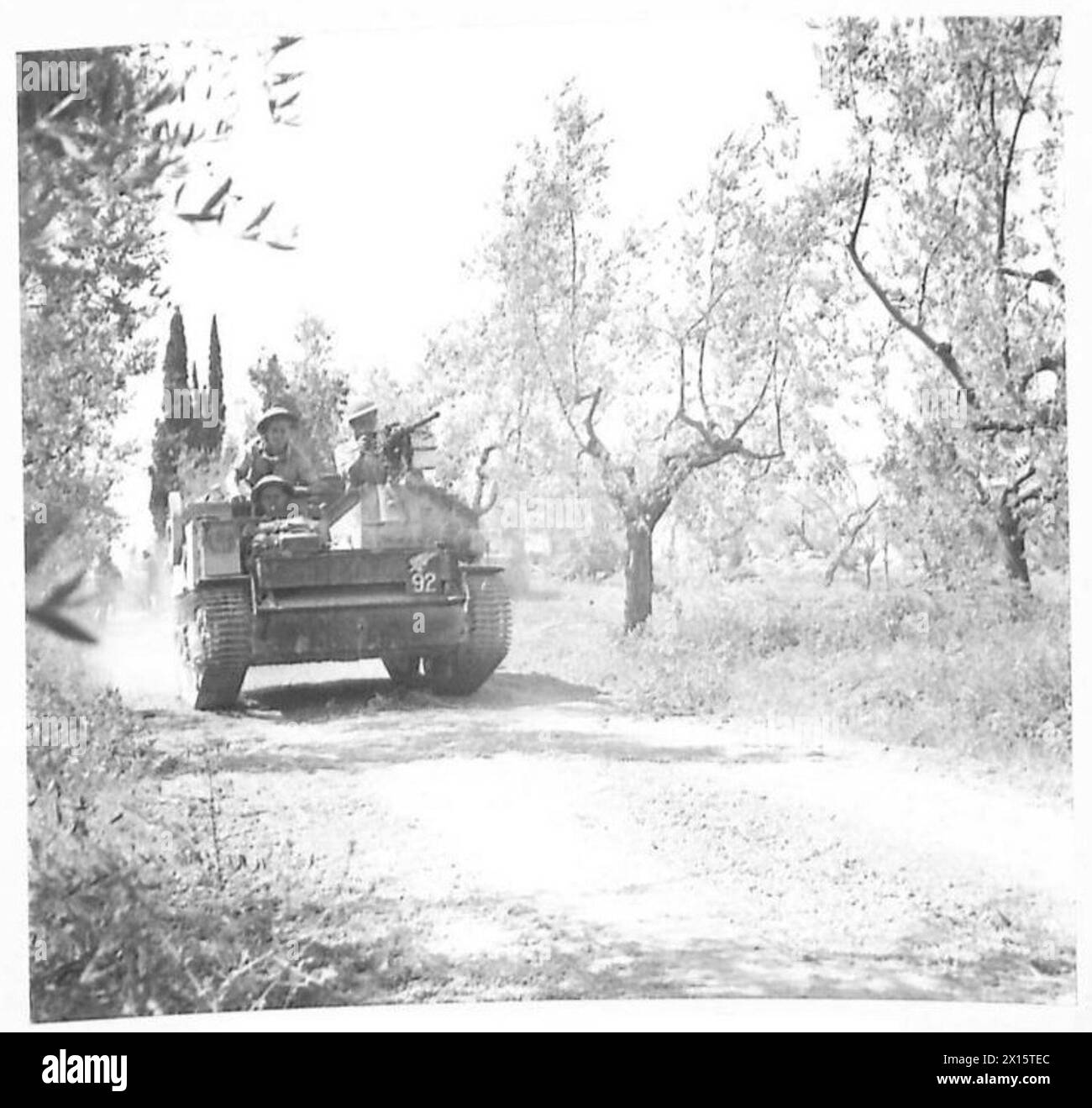 New Zealand Bren carriers advance along the line towards Florence as part of Eighth Army operations, British Army. Stock Photo