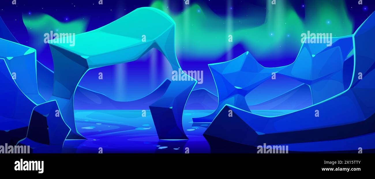 Northern aurora light. Night polar arctic borealis vector landscape. North winter and iceberg glacier abstract cartoon background. Ice arch in sea environment of Lofoten. Starry sky on fjord scene Stock Vector