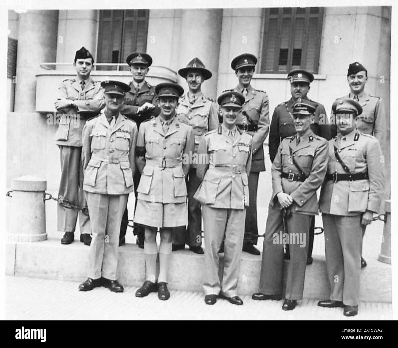 THE ALLIED ARMIES IN THE WESTERN DESERT CAMPAIGN, 1940-1942 - General Archibald Wavell, the Commander-in-Chief Middle East (middle in the front row), with a group of Allied (Indian, Australian, Ne Zealand, South African, Polish, Greek, Free French and Czechoslovakian Force) liaison officers. The officer in the front row, second from the right is Lieutenant Colonel Stanisław Maleszewski, Polish liaison officer from the Independent Carpathian Rifles Brigade Polish Army, South African Army, Australian Army, New Zealand Army, British Army, Czech Army, British Indian Army, French Army, Greek Army, Stock Photo