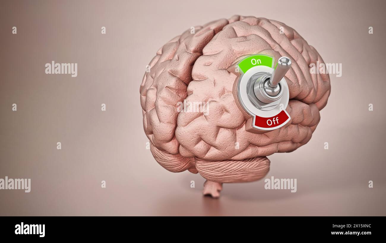 Human brain with on-off button. 3D illustration. Stock Photo
