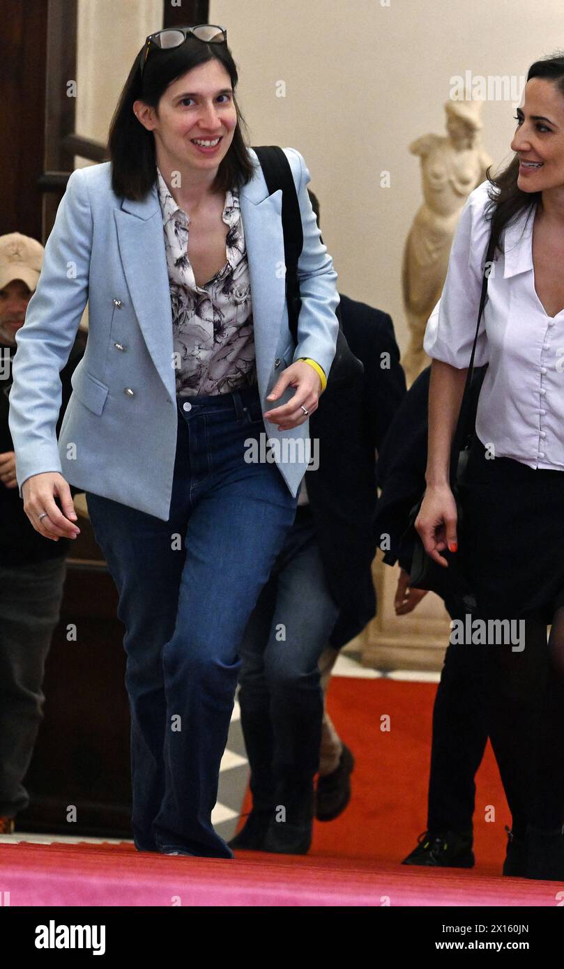 Rome, Italy. 15th Apr, 2024. Elly Schlein, secretary of the Democratic Party (PD, Partito Democratico) arrives at Palazzo Grazioli to attend a press conference at the Foreign Press Association in Rome, Italy on April 15, 2024. In 2023, she was elected as the new secretary of the PD ( centre-left) becoming the first woman to lead the party. Photo: Eric Vandeville/ ABACAPRESS.COM Credit: Abaca Press/Alamy Live News Stock Photo
