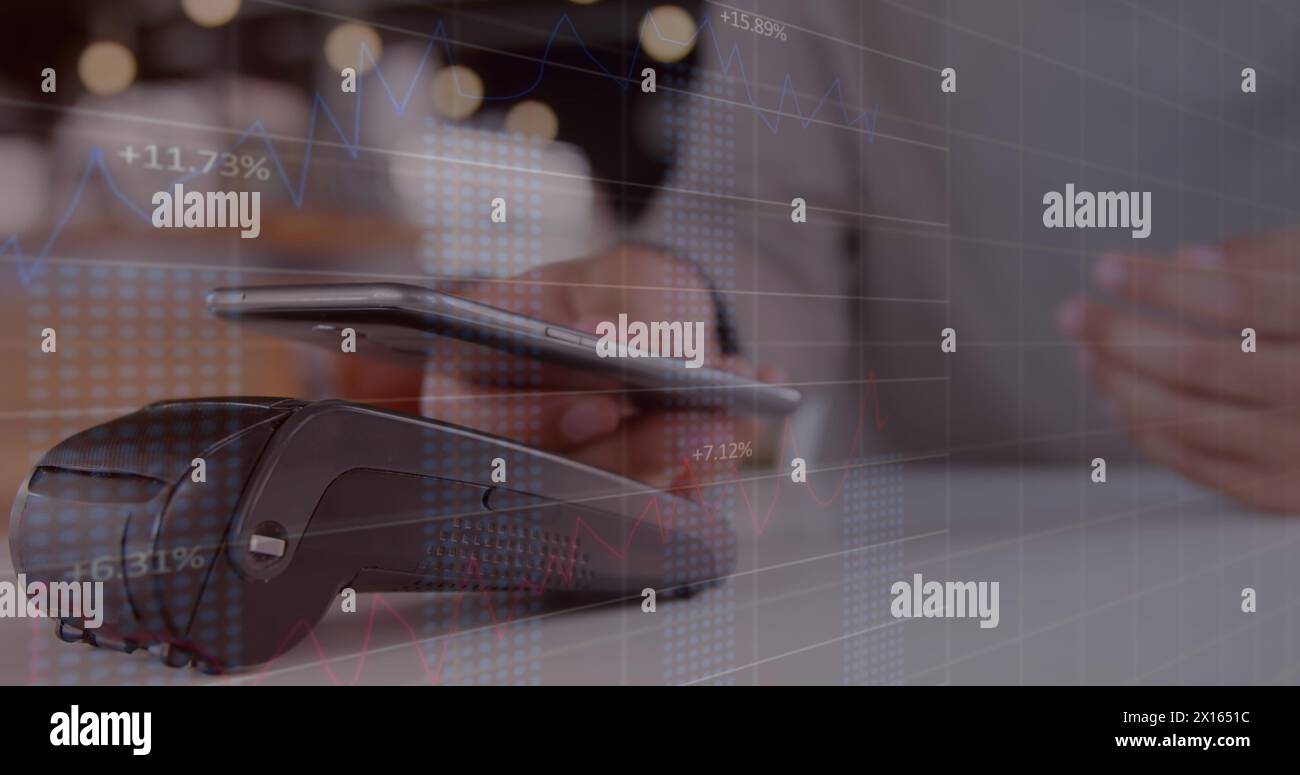 Image of data processing over businessman using vr headset Stock Photo