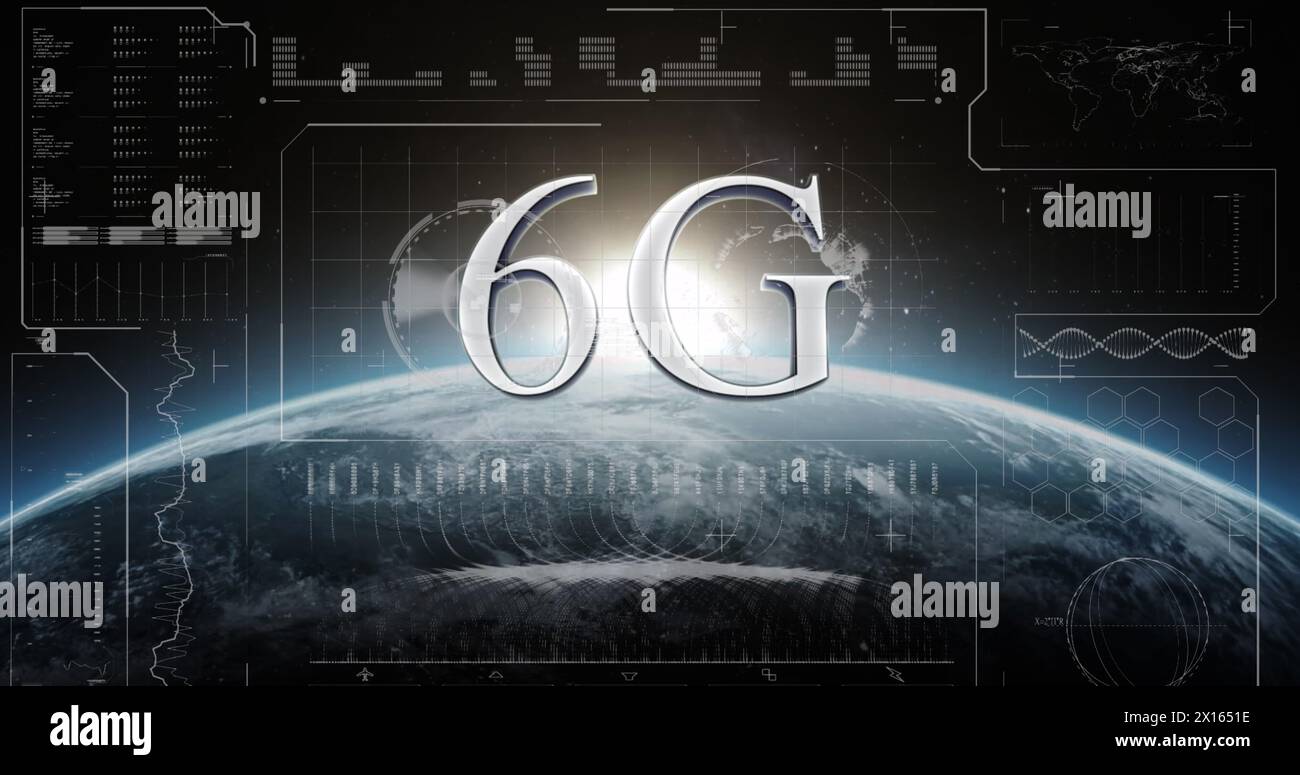 Image of data processing and 6g text over globe Stock Photo