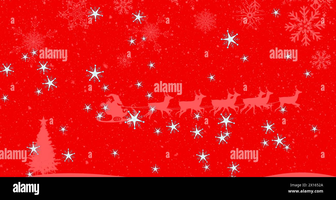 A white silhouette of santa claus in a sleigh being pulled by reindeers ...