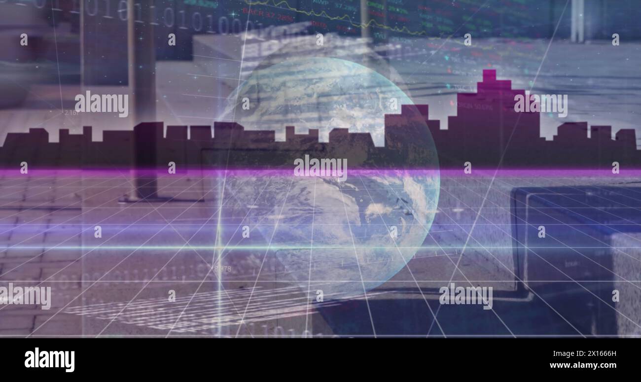 Image of globe with binary coding and networks of connections Stock Photo