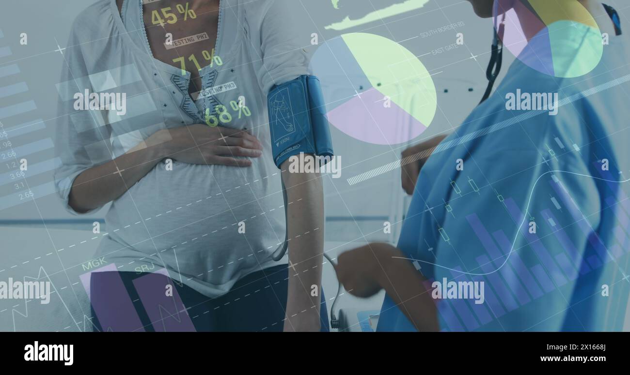 Image of data processing and statistics over and and and statistical glitch Stock Photo