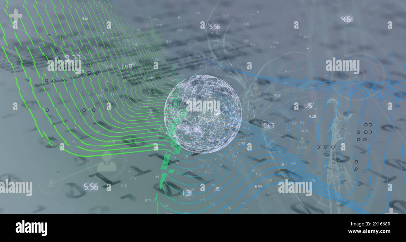 Image of globe, binary coding with networks of connections Stock Photo