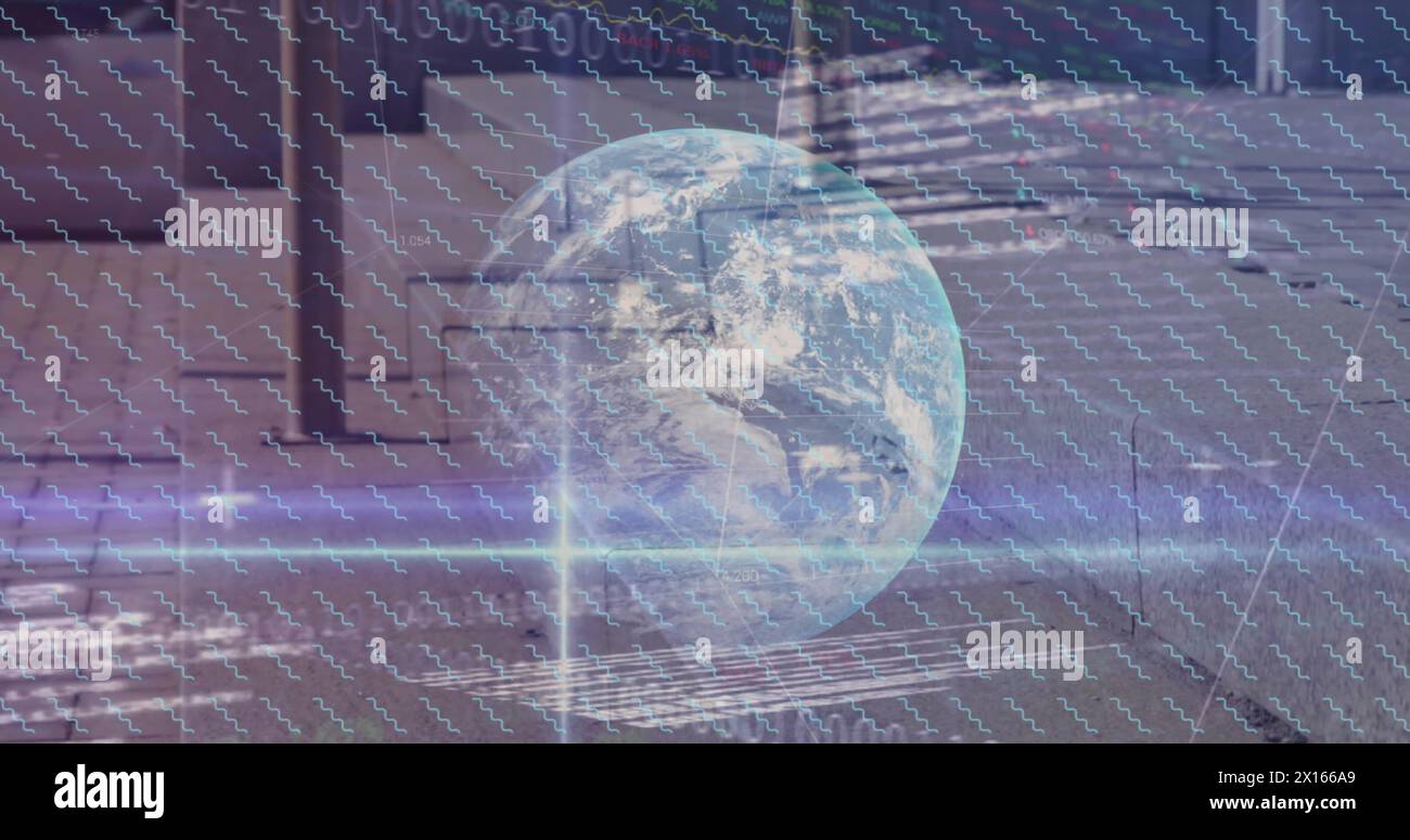 Image of globe, binary coding with networks of connections Stock Photo