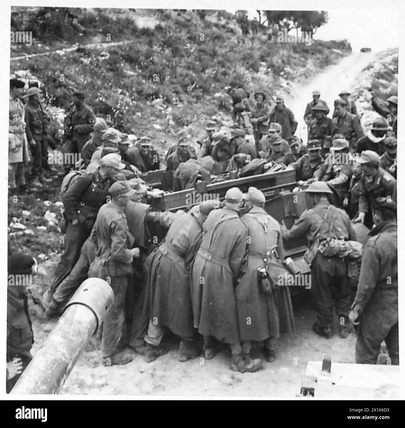 WITH THE FIRST ARMY (VARIOUS) - Austrian prisoners assist in moving a Bren carrier off a mountain track where it was holding up the advance of our tanks after they had passed through Chaouach in pursuit of enemy forces British Army Stock Photo