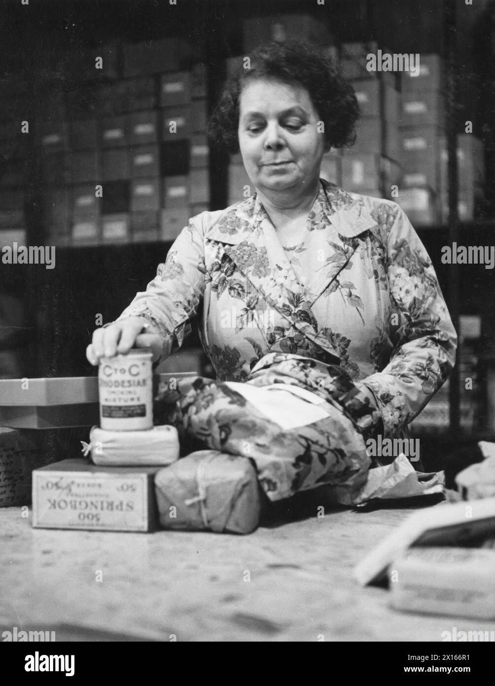 Lady Woolton assists in the store room of the South African Volunteer Service at South Africa House in London in 1941, supporting wartime volunteer efforts. Stock Photo