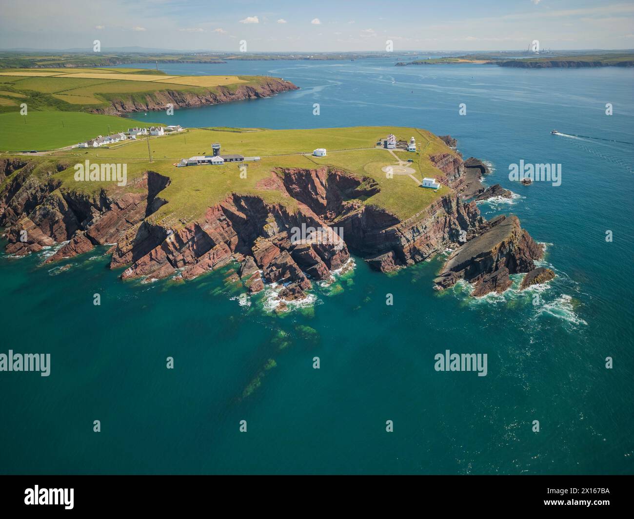 Aerial view of St Anne's head lighthouse, Dale, Pembrokeshire, UK Stock