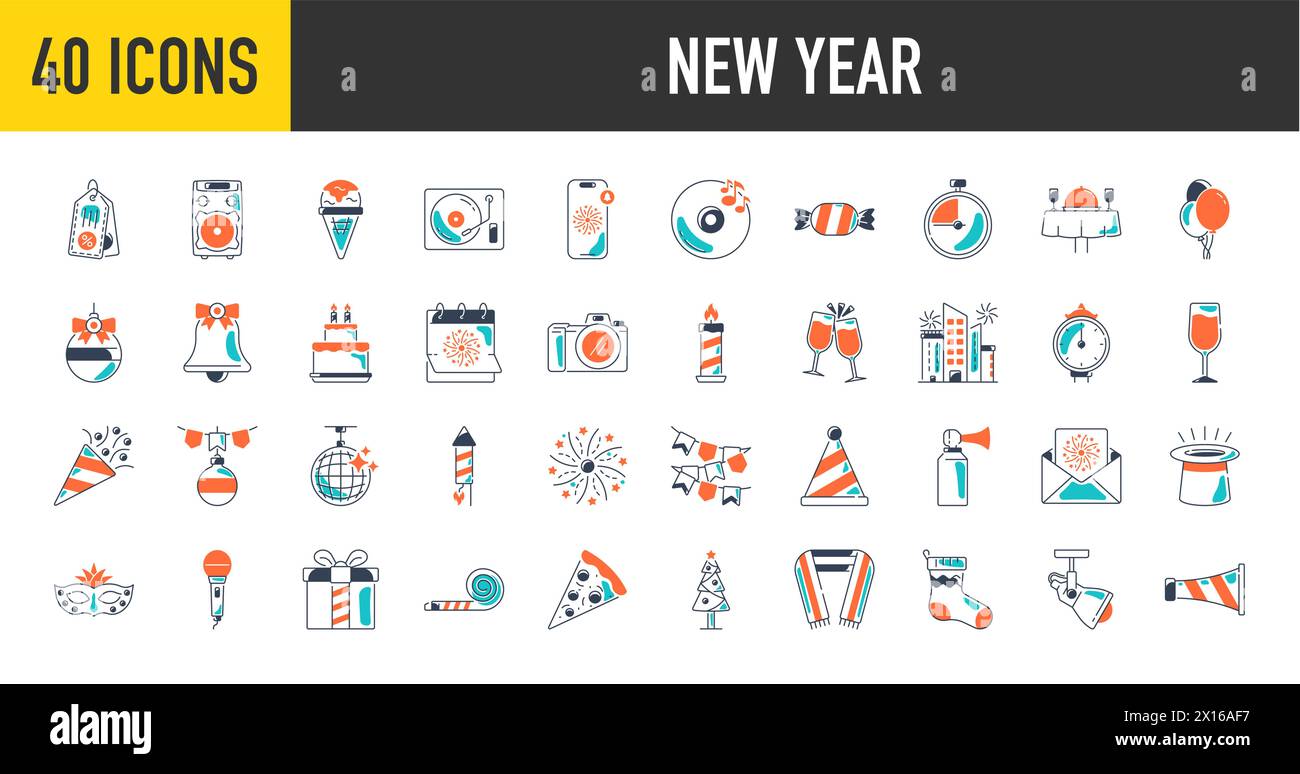 Happy new year icon set. Included icons as celebrate, celebration, dancing, music, christmas, congrats vector illustration Stock Vector